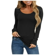 Huaai Women's Plus Size Long Sleeve Fitted Shirts Tops Round Neck Solid Color Pullover Tops Black 3 M