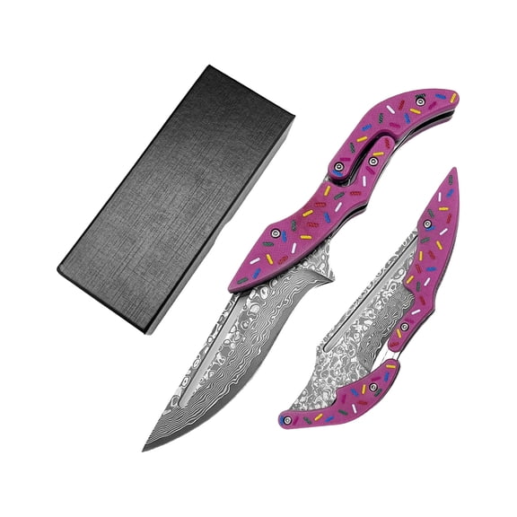 Huaao Damascus Pocket Knife, EDC Mechanical Folding Knife, Colorful Textured G10 Handle for Camping and Traveling