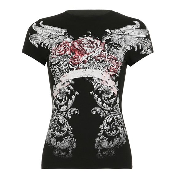 Huachaog Grunge Graphic Tees for Women Y2k Vintage Gothic T Shirt Teen Girls Emo Baggy Tops