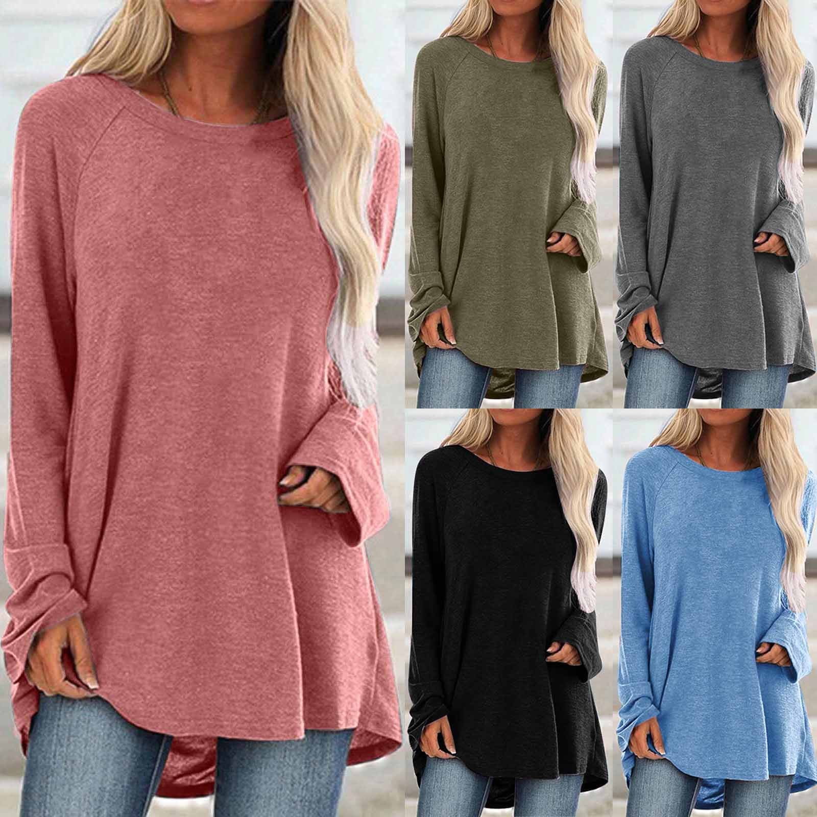 Huachaog Long Sleeve T Shirts for Women Solid Color Crew Neck Raglan ...