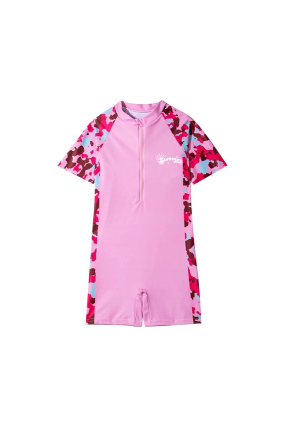 Swimsuits Girls Short Sleeve One Piece Rash Guard with Swim Jumpsuit Kids Sun Beach Surfing Regular Swimwear