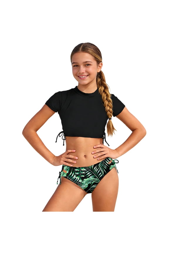 Swimsuits for Girls Two Piece Bikini High Waist Crop Tee Swimming Beach Sports Swimming Set,13-14 Y