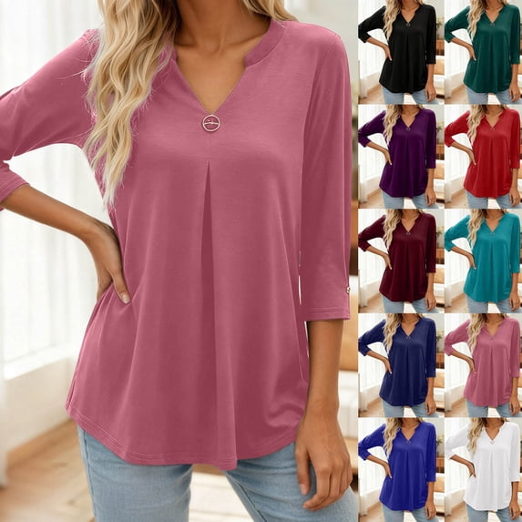 Huachaog Women 3/4 Sleeve T Shirts Button Detail Flowy Ruffle Front Loose Tops