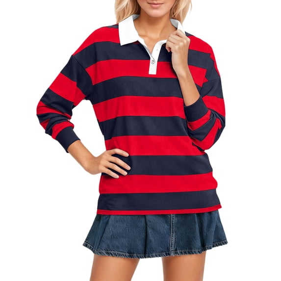 Huachaog Women Casual T-Shirt Long Sleeve Striped Loose Flip Collar Daily Wear Basic Tee Tops