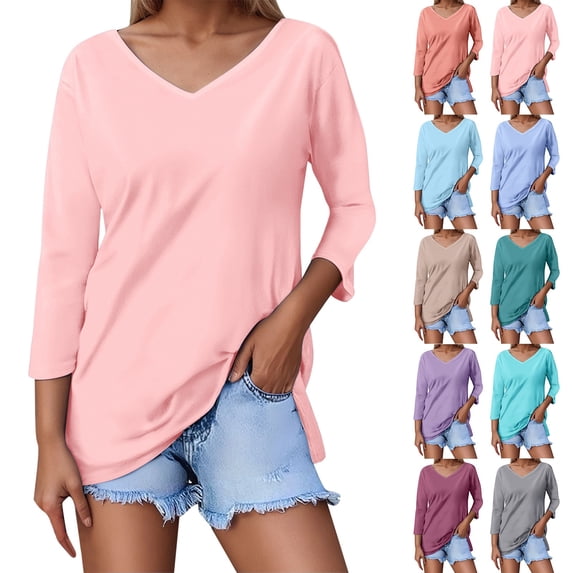 Huachaog Women's T-Shirt Solid Color V Neck 3/4 Sleeve Loose Tee Regular Tops