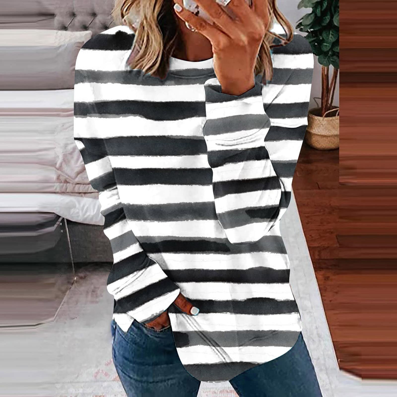 Huachen Womens Sweatshirts No Hood Oversized Striped Sweatshirt