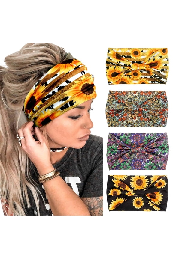 Huachi 4 Packs Boho Headbands for Women Wide Sunflower Thick Head Bands for Women's Hair Flower Printed Elastic Hairbands Large African Sport Yoga Turban Headband Hair Accessories (Pack of 4)