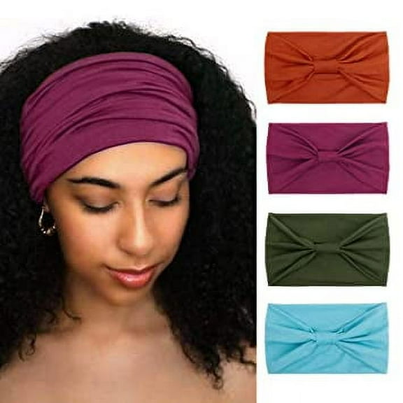 Huachi 4 Packs Wide Headbands for Women Black Headwrap Boho African Yoga Turban Solid color