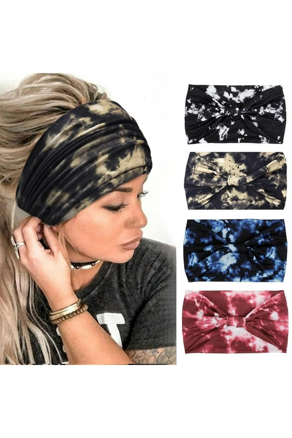 Huachi Tie Dye Headbands for Women Wide Head Wraps Boho Thick Hairbands Large African Sport Yoga Turban Headband Hair Accessories (Pack of 4)