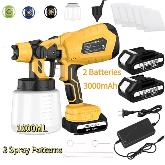Huajiang Tech Cordless Paint Sprayer, 18V Brushless Spray Gun,3 Nozzles,3 Spray Patterns ,Viscosity Measuring Cup and Cleaning Set, Easy to Spray and Clean for Home Painting