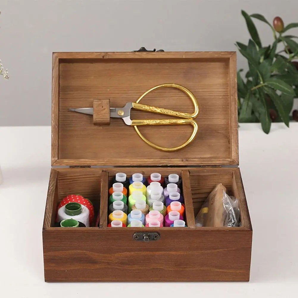 Huajuming Portable Sewing Accessories Basket Household Needlework Storage Box Wooden Box
