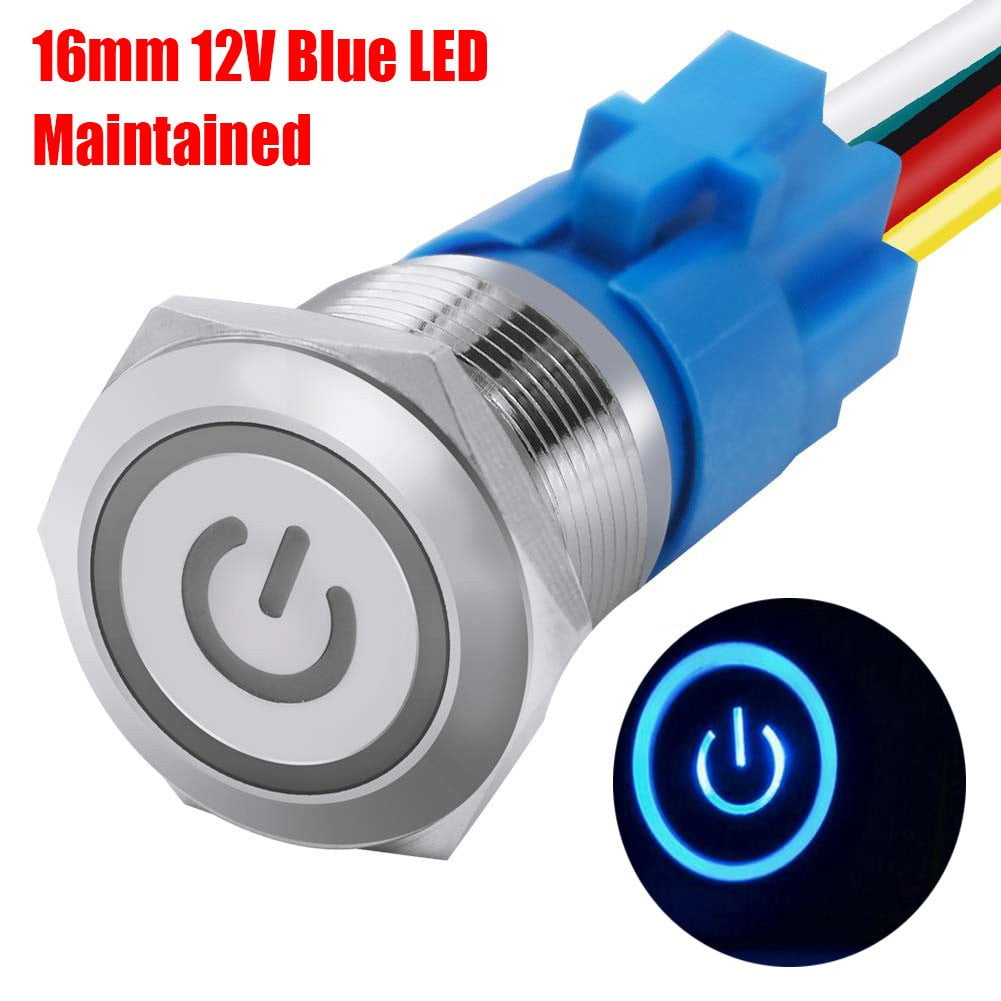 16mm 12V LED Push Button Power Switch - Latching On/Off With Wire Harness, Silver, 5A