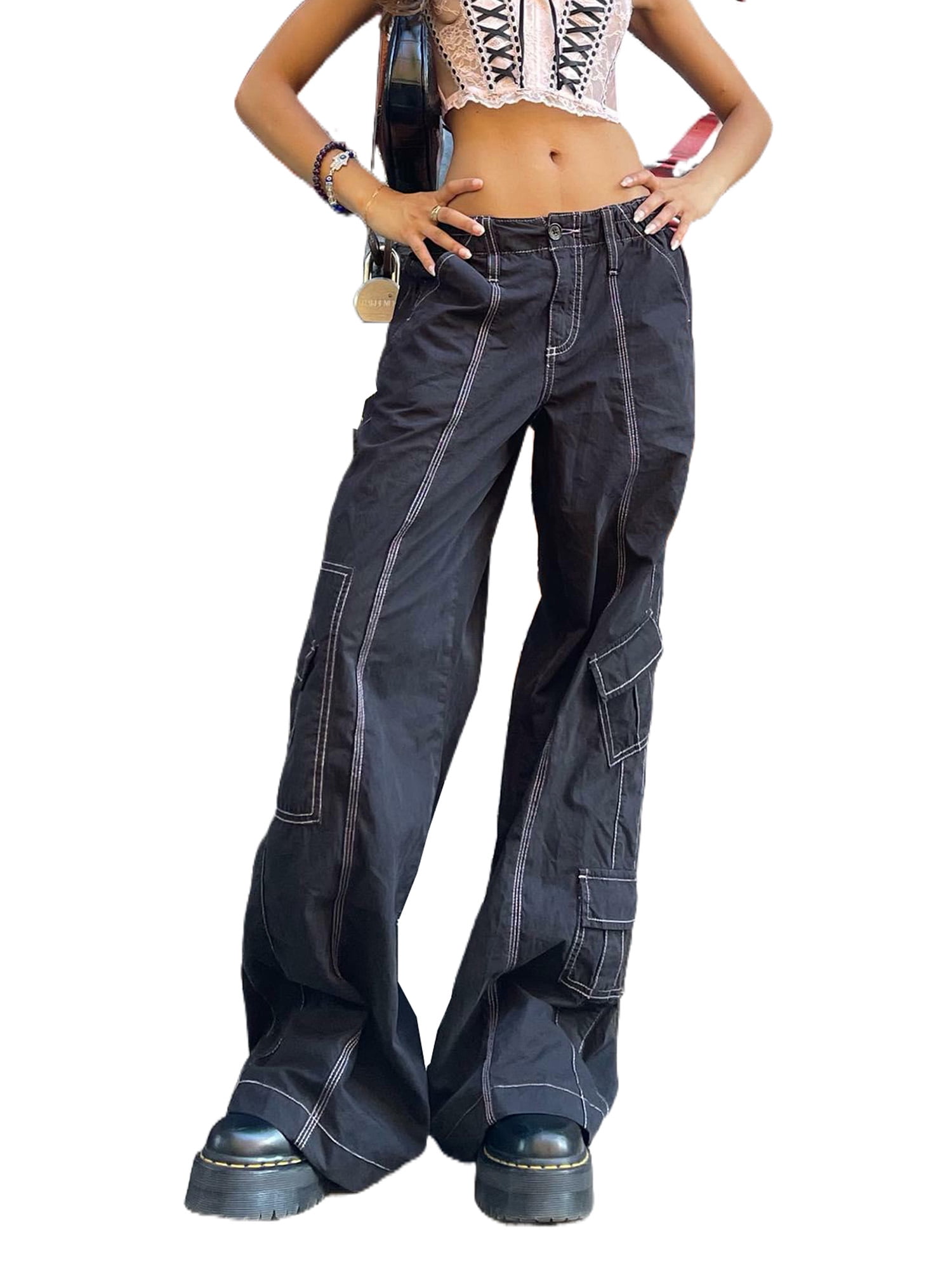 Huakaishijie Cargo Pants for Women Wide Straight Leg Baggy Trousers Y2k