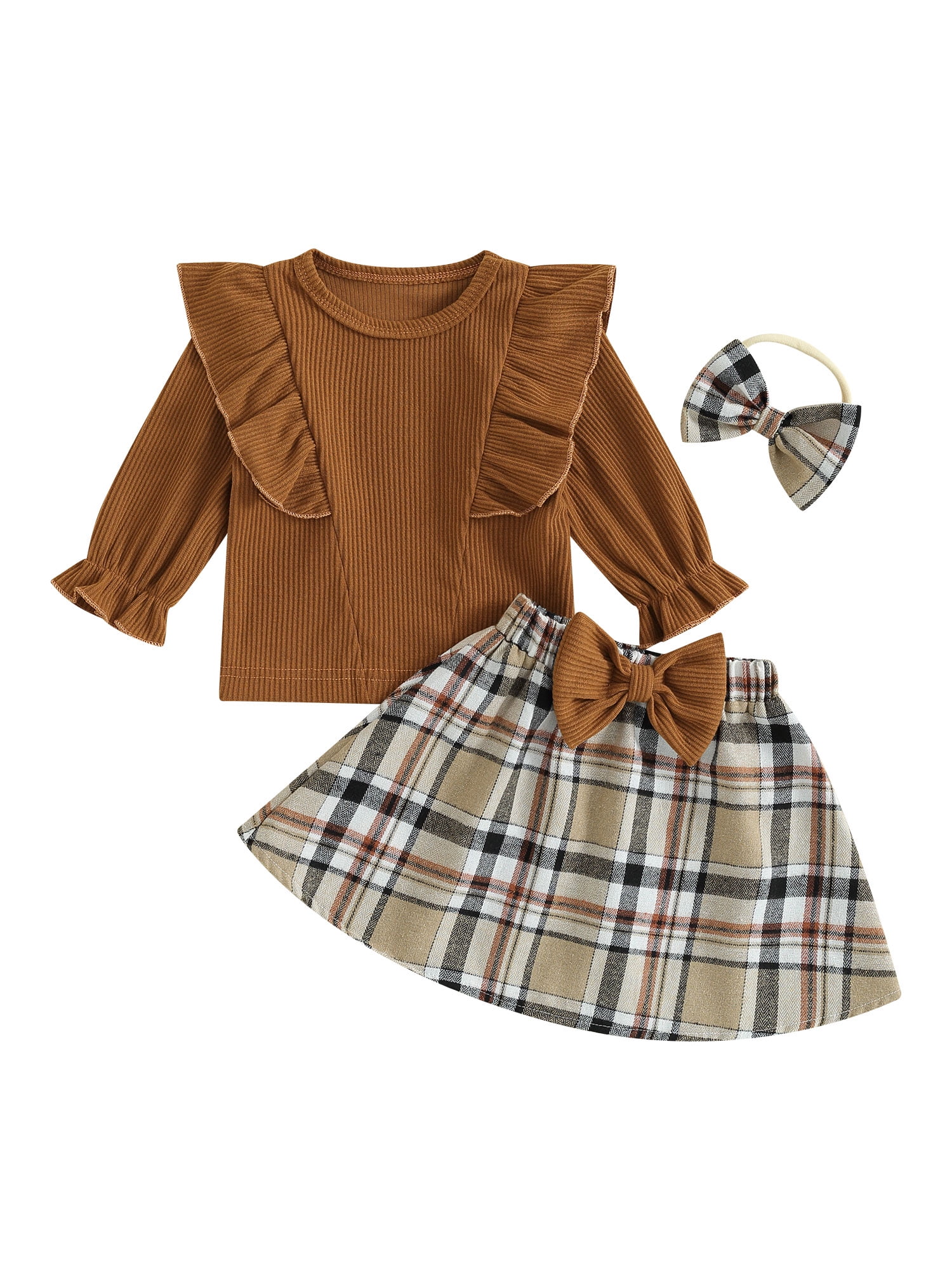 Huakaishijie Girls Long Sleeve Ruffle Ribbed Tops Plaid Skirt Headband ...