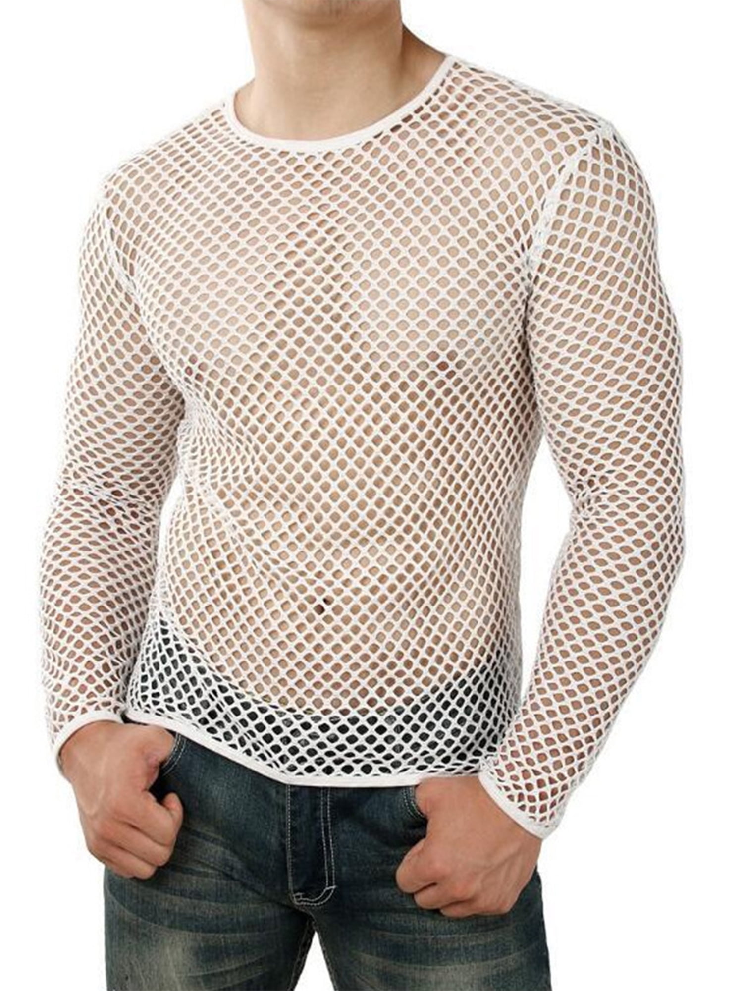 Huakaishijie Men Fishnet Top Mesh See Through Hollow Out Muscle T