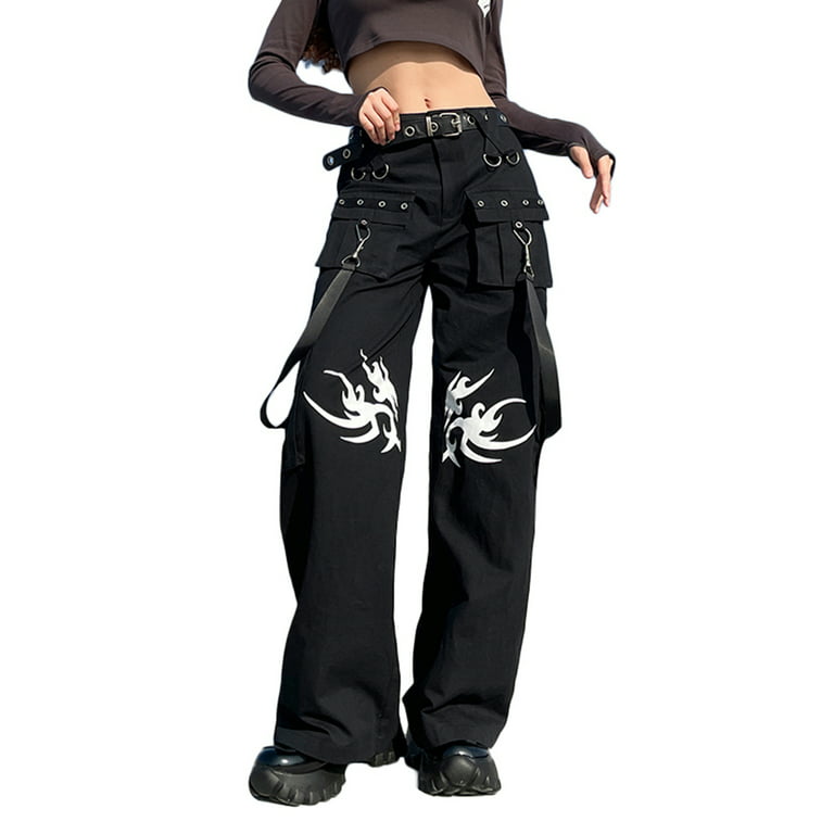 Huakaishijie Women Cargo Pants Goth Baggy Jeans Wide Leg Gothic Pants Tripp  Pants Punk Hip Hop Pants 