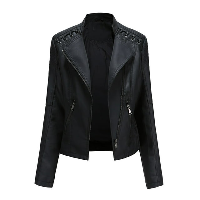 Huakaishijie Women Faux Leather Jacket Long Sleeve Lapel Zip Up Moto ...