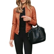 Huakaishijie Women Faux Leather Jacket Zip Up Short PU Biker Outwear Fitted Slim Cropped Coat S-2XL