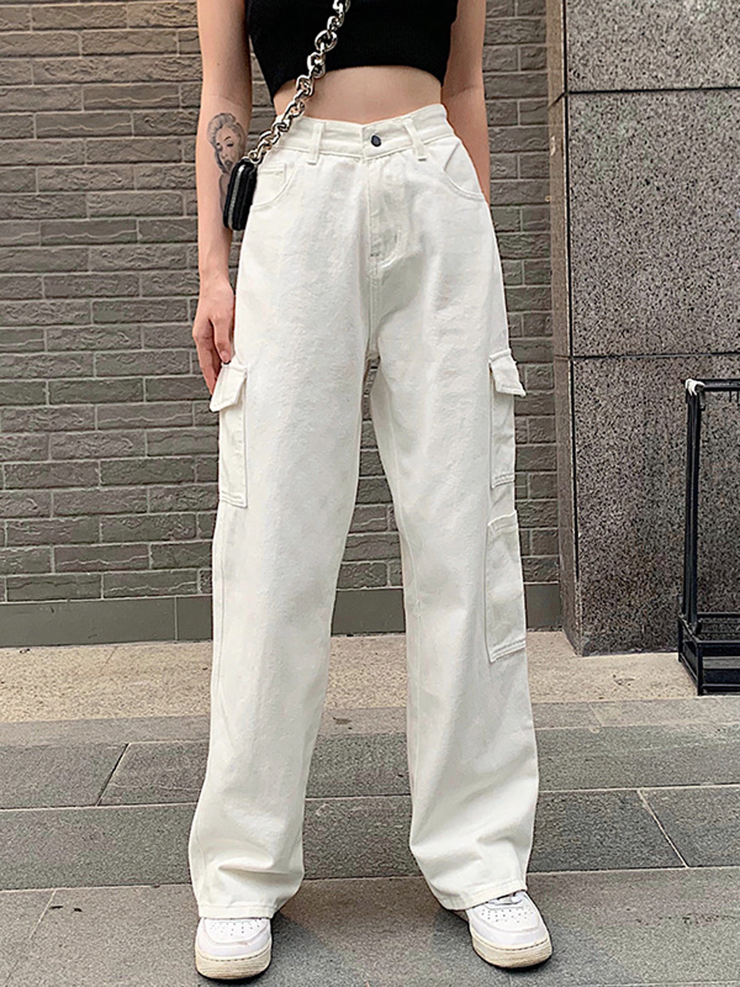 Tawaaiw Womens Vintage White Cargo Pants High Waist Wide Leg Jeans Baggy  Casual Fashion Multiple Pockets Mom Hip Hop Streetwear