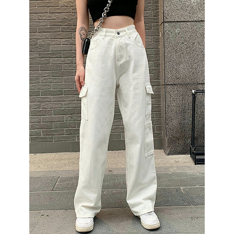 Huakaishijie Women High Waisted Baggy Jeans Vintage Wide Straight