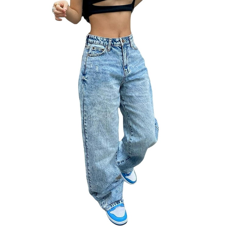 Huakaishijie Women Loose Casual Jeans Solid Color High Waist Straight Leg  Denim Long Pants with Pockets