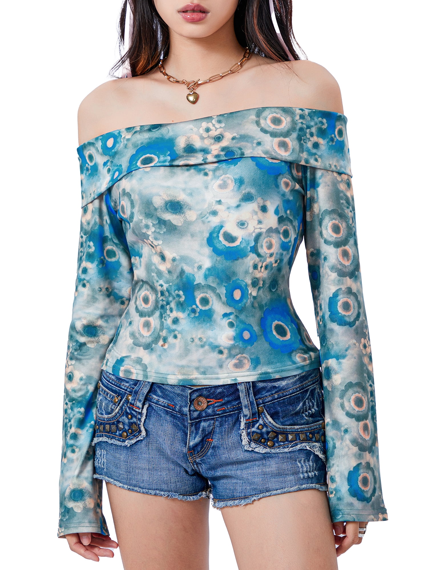 Buy Vintage Floral Print Off Shoulder Crop Top at Ubuy Uganda