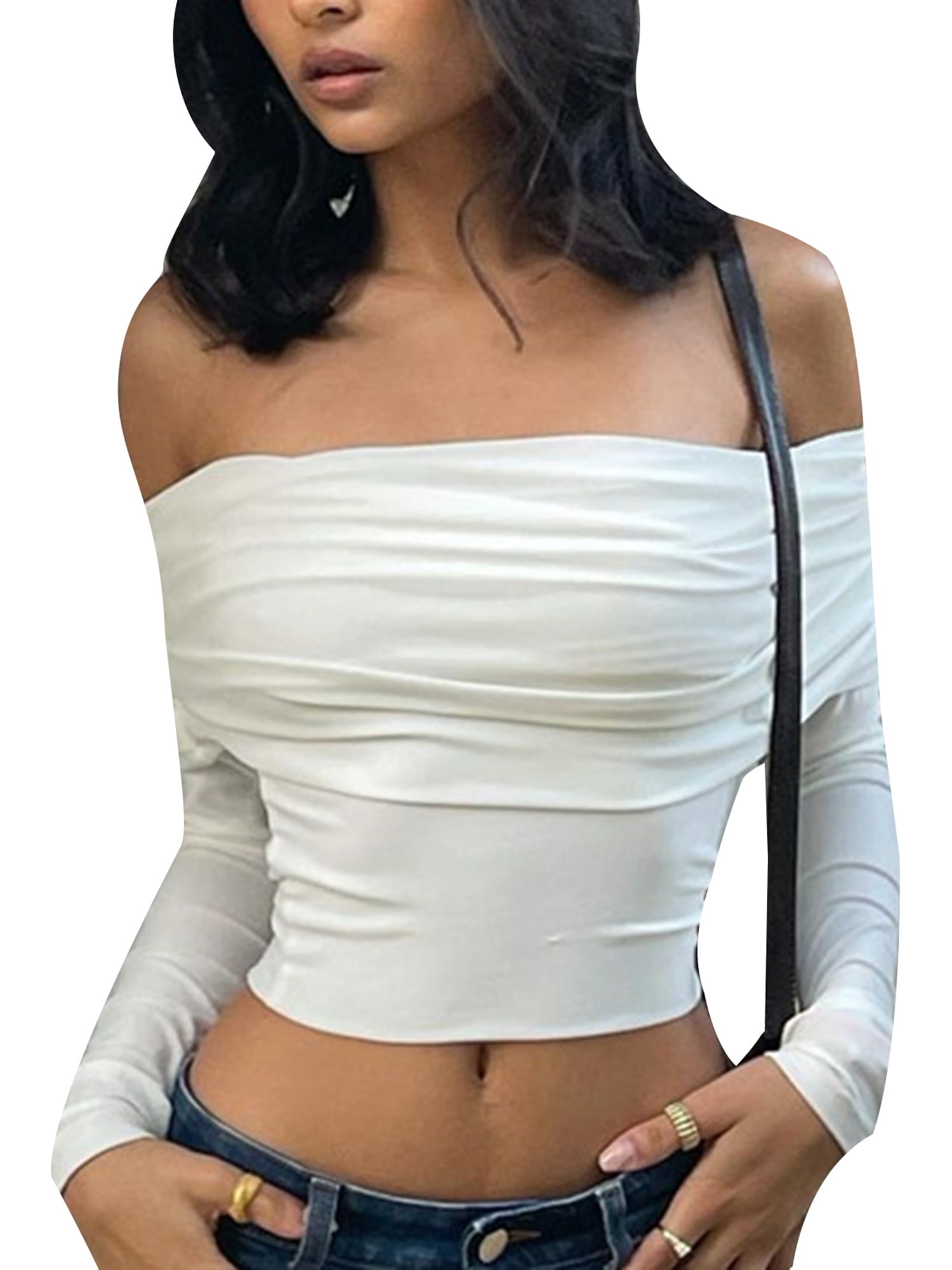 Huakaishijie Women Shoulder T-shirt Long Sleeve Slim Crop Top Vintage Harajuku White Tees - Walmart.com