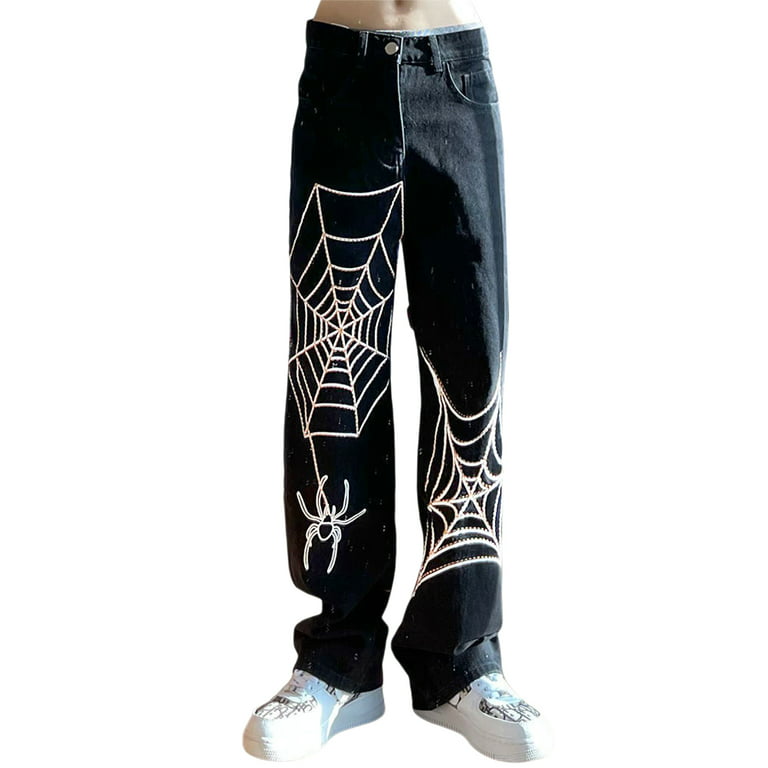 Huakaishijie Women Summer Spring Casual Denim Pants Patchwork Slimming  Spider Web/ Hand Skeleton Print Trousers 