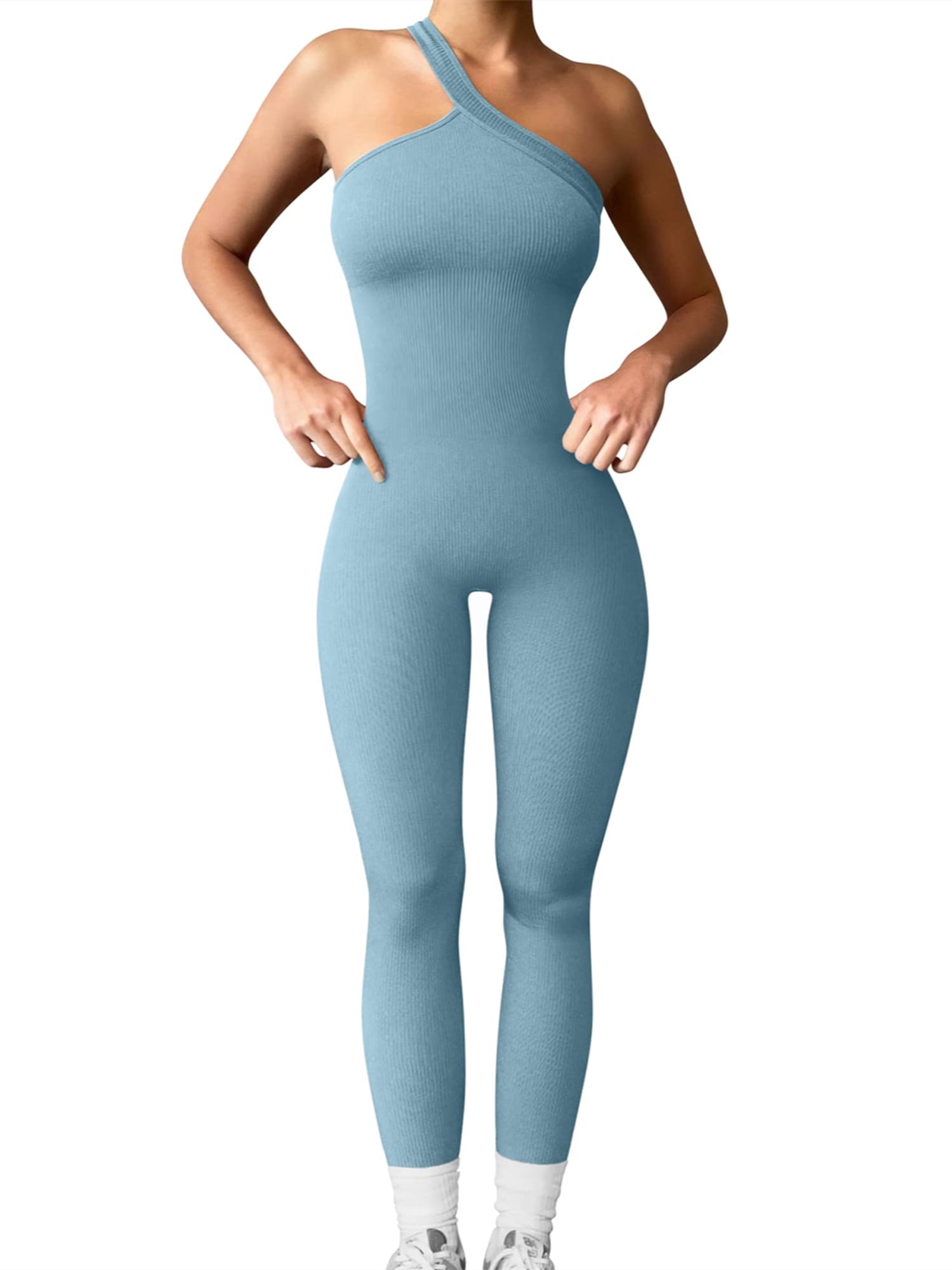 Huakaishijie Women Yoga Bodysuit Sleeveless One Shoulder Jumpsuit One-Piece Tummy  Control Workout Playsuit 