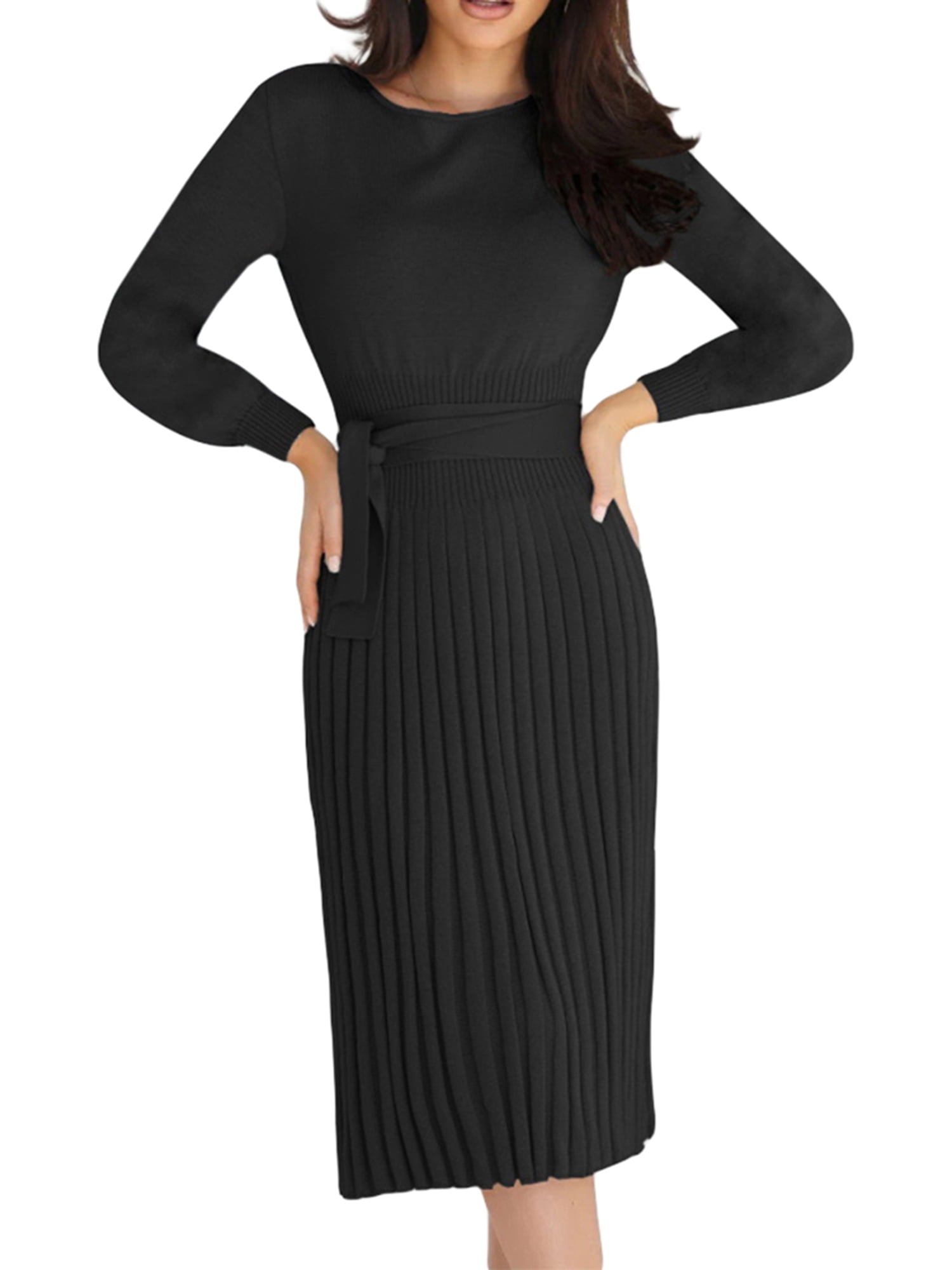 Huakaishijie Women's Casual Midi Dress Long Lantern Sleeve Crew Neck Knitted Pleated Dress with