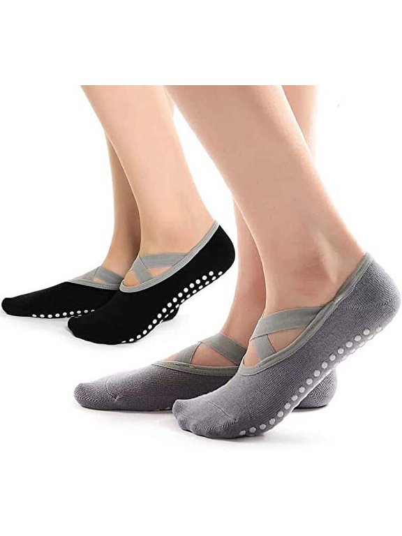 Yoga Socks, 2 Pairs Yoga Pilates Socks for Women with Grips & Straps, Easy to Put On, Cotton Pilates Socks for Pilates, Barre, Ballet, Dance, Barefoot Workout (Black & Grey)
