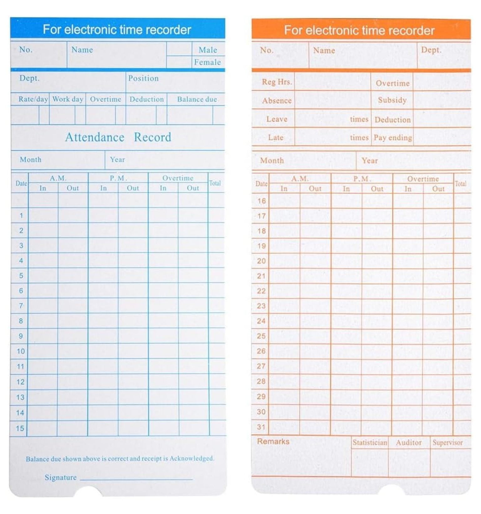 Huang zhong wen 1000 Count Monthly Time Clock Cards Timecard for