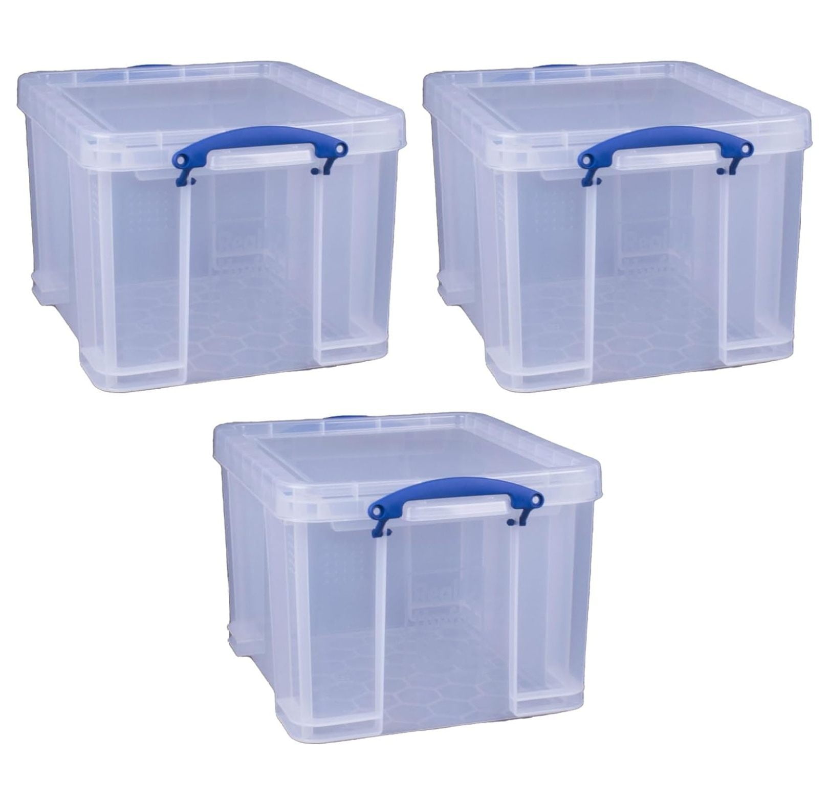 Clear 32L Plastic Stackable Storage Boxes with Blue Handles, Set of 3
