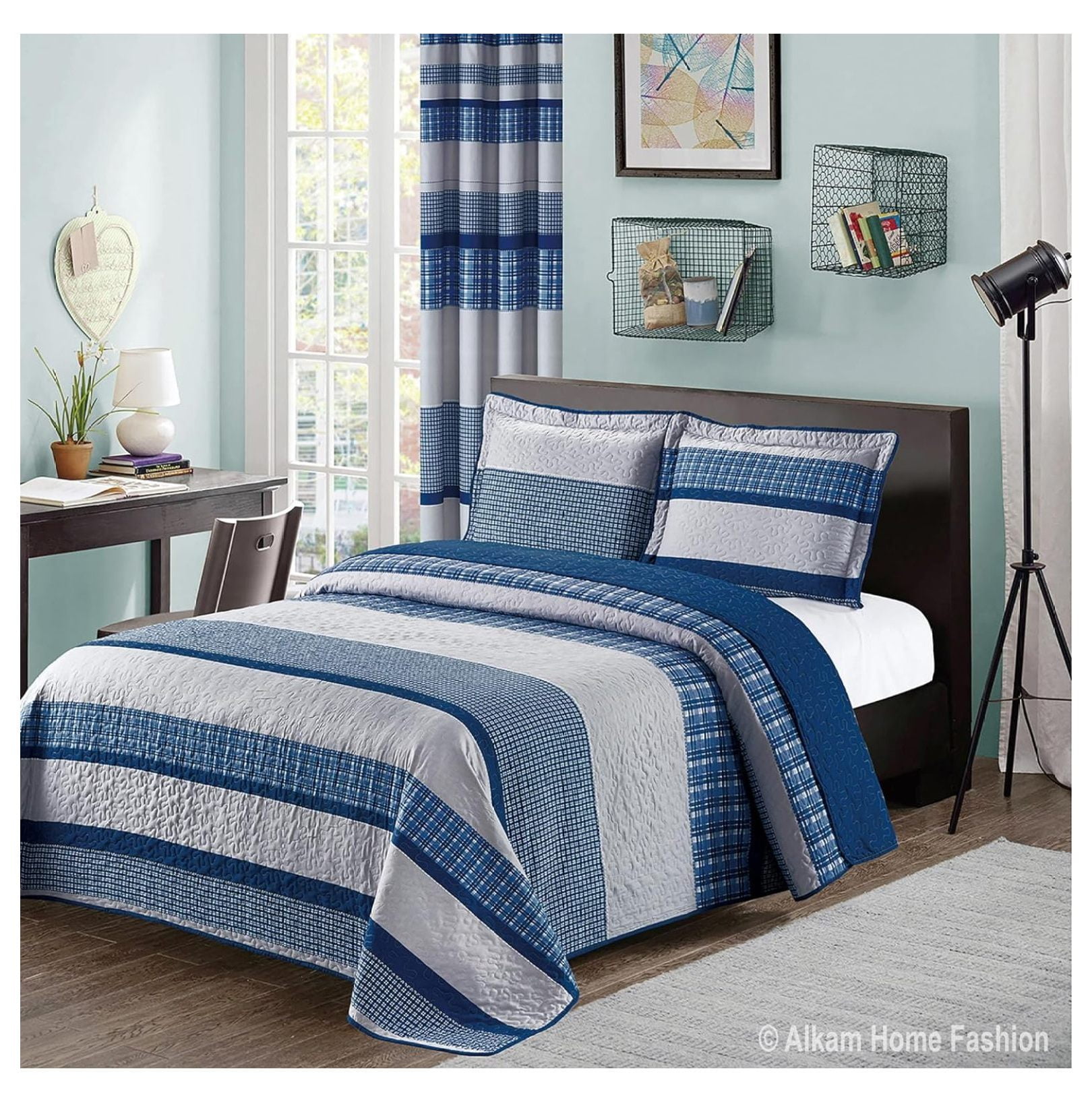 Huang zhong wen Blue and Gray Modern Plaid 3-Piece Queen Bedspread and Pillow Sham Set | Matching Curtains Available!