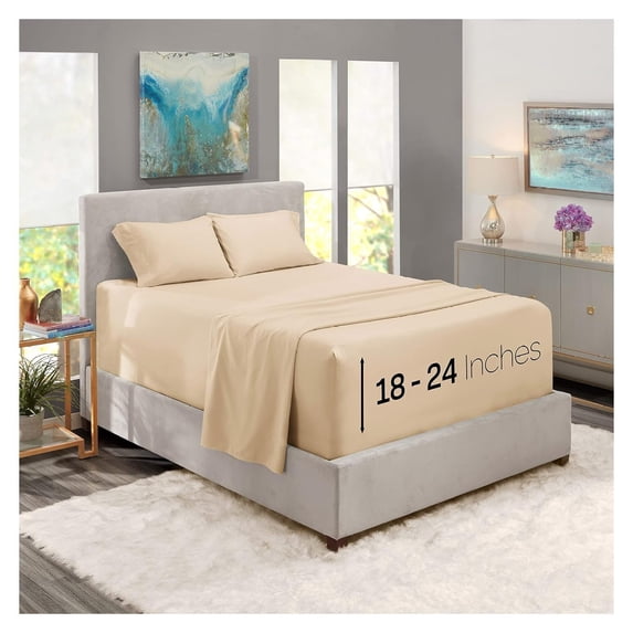 Huang zhong wen Extra Deep Pocket Sheets - Fits Mattress 18-24 Inches Deep, Extra Deep Pocket King Size Sheets Sets, 4 Piece King Size Sheets, King Sheets Deep Pocket, Beige Cream Sheets