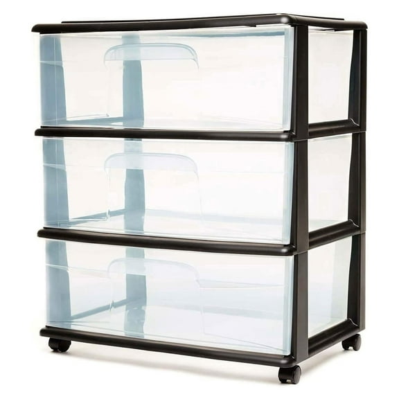 Huang zhong wen Heavy Duty 3 Durable Clear Plastic Drawers Tall Wide Rolling Storage Cart with 4 Wheels for Home, Dorm, Office, and Classroom Organization, Black