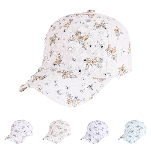 HuangHuanChen Baseball Cap For Women Men with Diamonds Butterfly Pattern Adjustable Breathable Casual Sports Cap Hat Rhinestone Ponytail Mesh Shiny Bling Baseball Cap Unisex Purple One Size