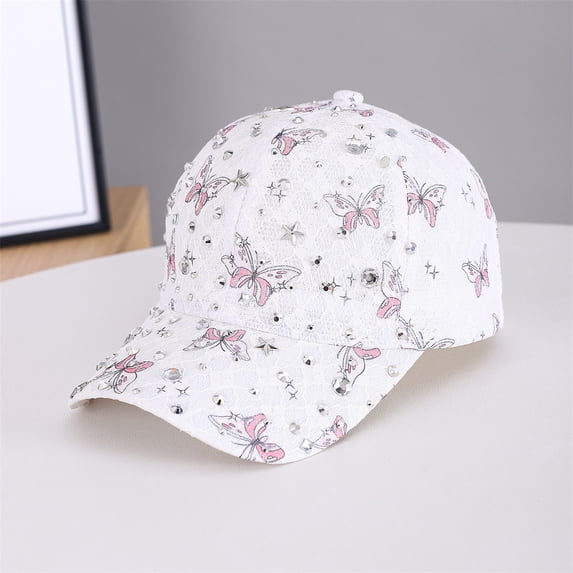 HuangHuanChen Baseball Cap For Women Men with Diamonds Butterfly Pattern Adjustable Breathable Casual Sports Cap Hat Rhinestone Ponytail Mesh Shiny Bling Baseball Cap Unisex Pink One Size