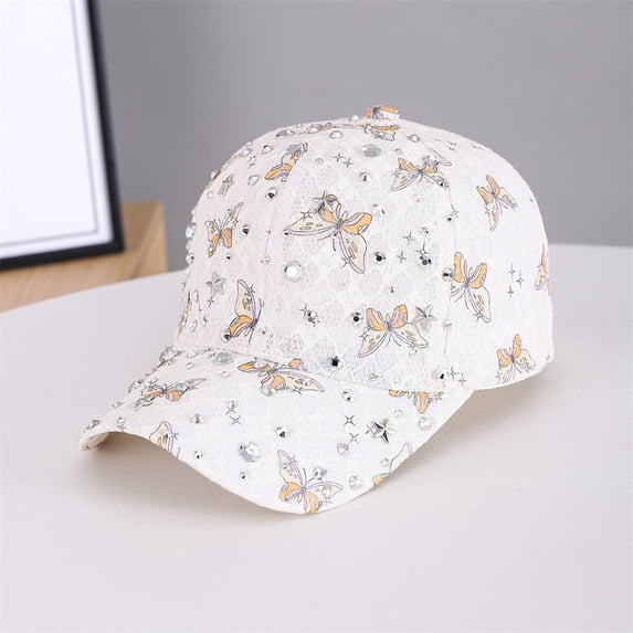 HuangHuanChen Baseball Cap For Women Men with Diamonds Butterfly Pattern Adjustable Breathable Casual Sports Cap Hat Rhinestone Ponytail Mesh Shiny Bling Baseball Cap Unisex Yellow One Size