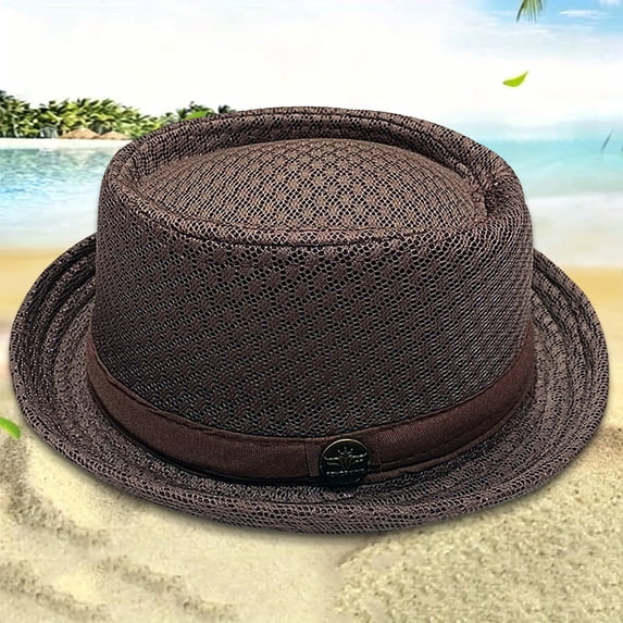 HuangHuanChen British Jazz Hat Short Brim Fedora Classic Summer Breathable Mesh Hat Panama Cap for Men Women Outdoor Sun Hat Fashion Beach Hat Coffee One Size