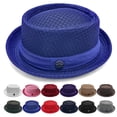 thumbnail image 1 of HuangHuanChen British Jazz Hat Short Brim Fedora Classic Summer Breathable Mesh Hat Panama Cap for Men Women Outdoor Sun Hat Fashion Beach Hat Pink One Size, 1 of 7
