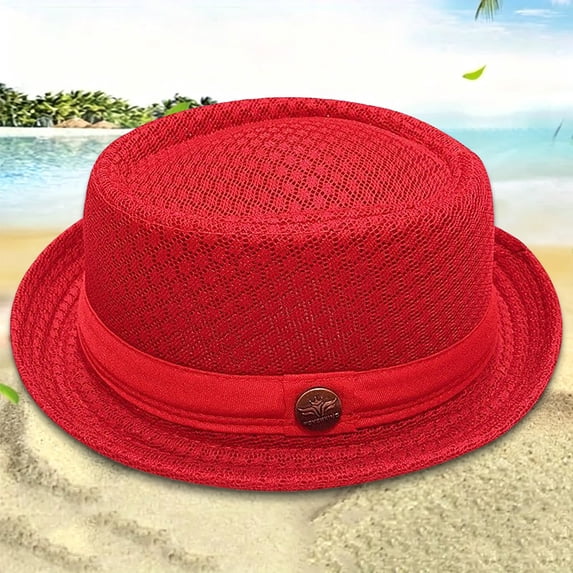 HuangHuanChen British Jazz Hat Short Brim Fedora Classic Summer Breathable Mesh Hat Panama Cap for Men Women Outdoor Sun Hat Fashion Beach Hat Red One Size