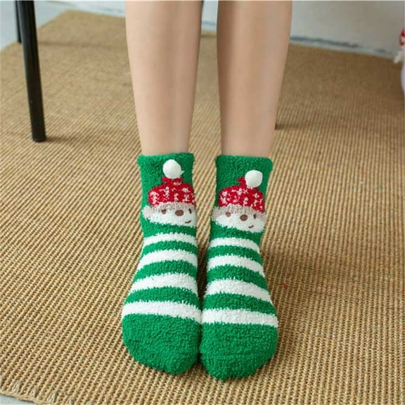 HuangHuanChen Christmas Casual Three Cute Santa Stockings Fuzzy Fluffy Warm Slipper Socks for Women Winter Cozy Christmas Socks Unisex Green