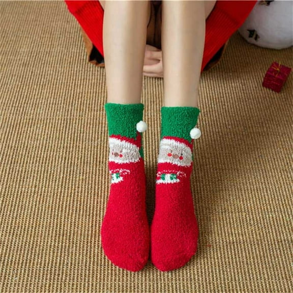 HuangHuanChen Christmas Casual Three Cute Santa Stockings Fuzzy Fluffy Warm Slipper Socks for Women Winter Cozy Christmas Socks Unisex Red