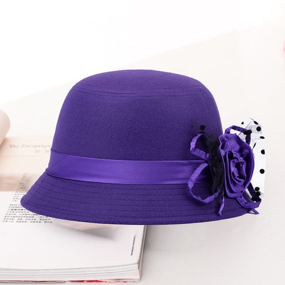 HuangHuanChen Cloche Hats for Women Solid Color Wide Brim Warm Cloche Bowler Hat Vintage Felt Cloche Hat Winter Floral Fedora Bucket Hat Bowler Hats for Women Purple