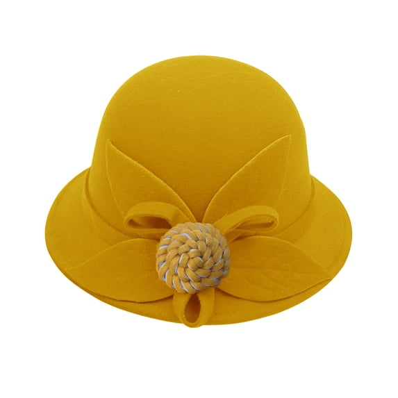 HuangHuanChen Cloche Hats for Women Vintage Felt Cloche Hat Winter Floral Fedora Bucket Hat Round Top Casual Fisherman Basin Cap Small Bowler Hat Bowler Hats for Women Yellow