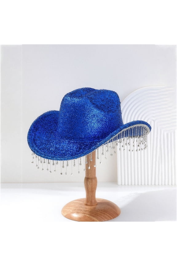 Cowgirl hat Elegant Light Hat With Shiny Tassel Cowboy Hat Wide Brim Dating Hat Blue