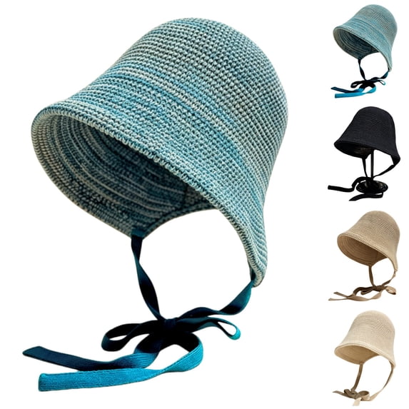 HuangHuanChen Crochet Bucket Hat for Women Beach Hats Tie Up Foldable Summer Wide Brim Packable Sun Hat Womens Travel Knit Fedora Hat Breathable Fisherman Hat Outdoor Sun Hat Sky Blue One Size
