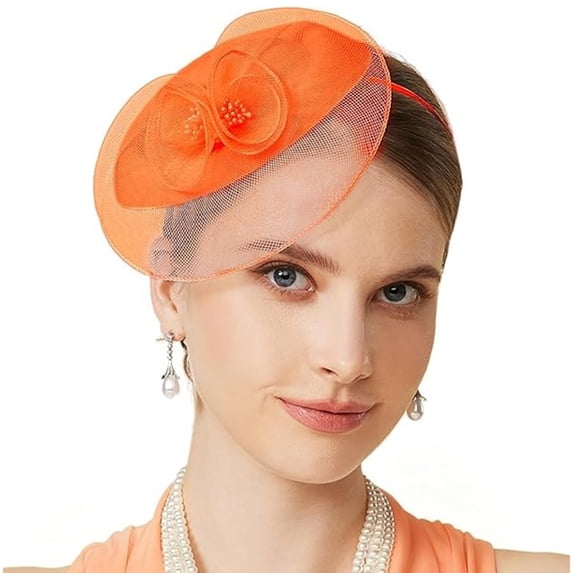 HuangHuanChen Fascinators Hats for Women Top Hat Elegant Mesh Hair Clips for Tea Party Favors Headpiece Hat Clip Kentucky Derby Hats for Women Festival Decoration Accessory Orange One Size