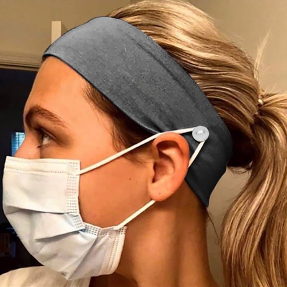 HuangHuanChen Headbands with Button for Mask Nurses Doctors With Buttons Elastic Yoga Hair Bands Ear Protection for Women Non Slip Button Headband Facemask Grey One Size